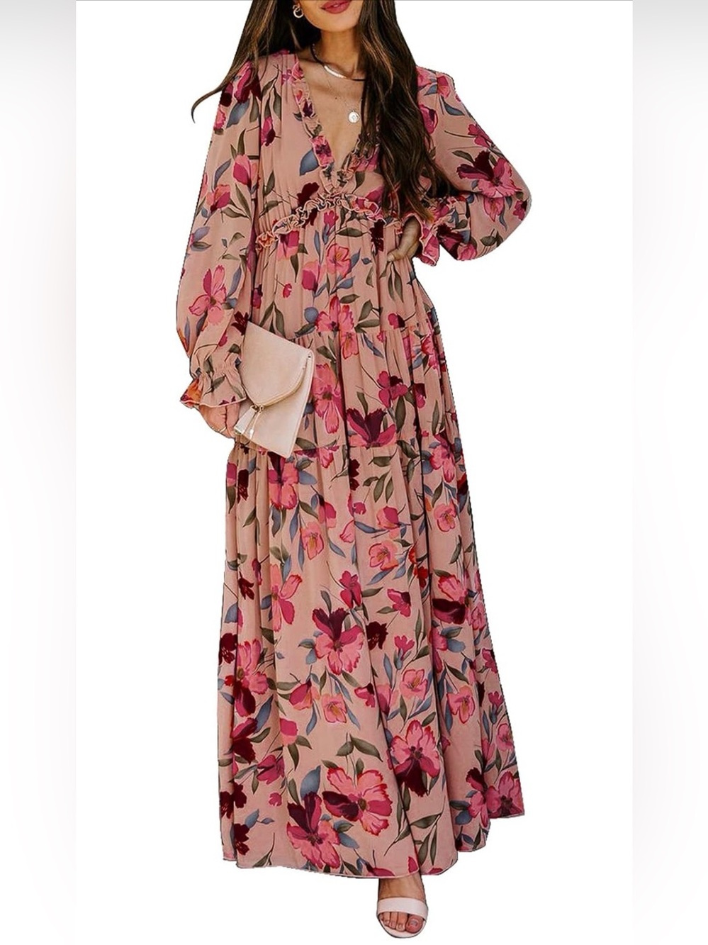 Women’s Pink Floral Maxi Dress - Long Sleeve Ruffle Waist